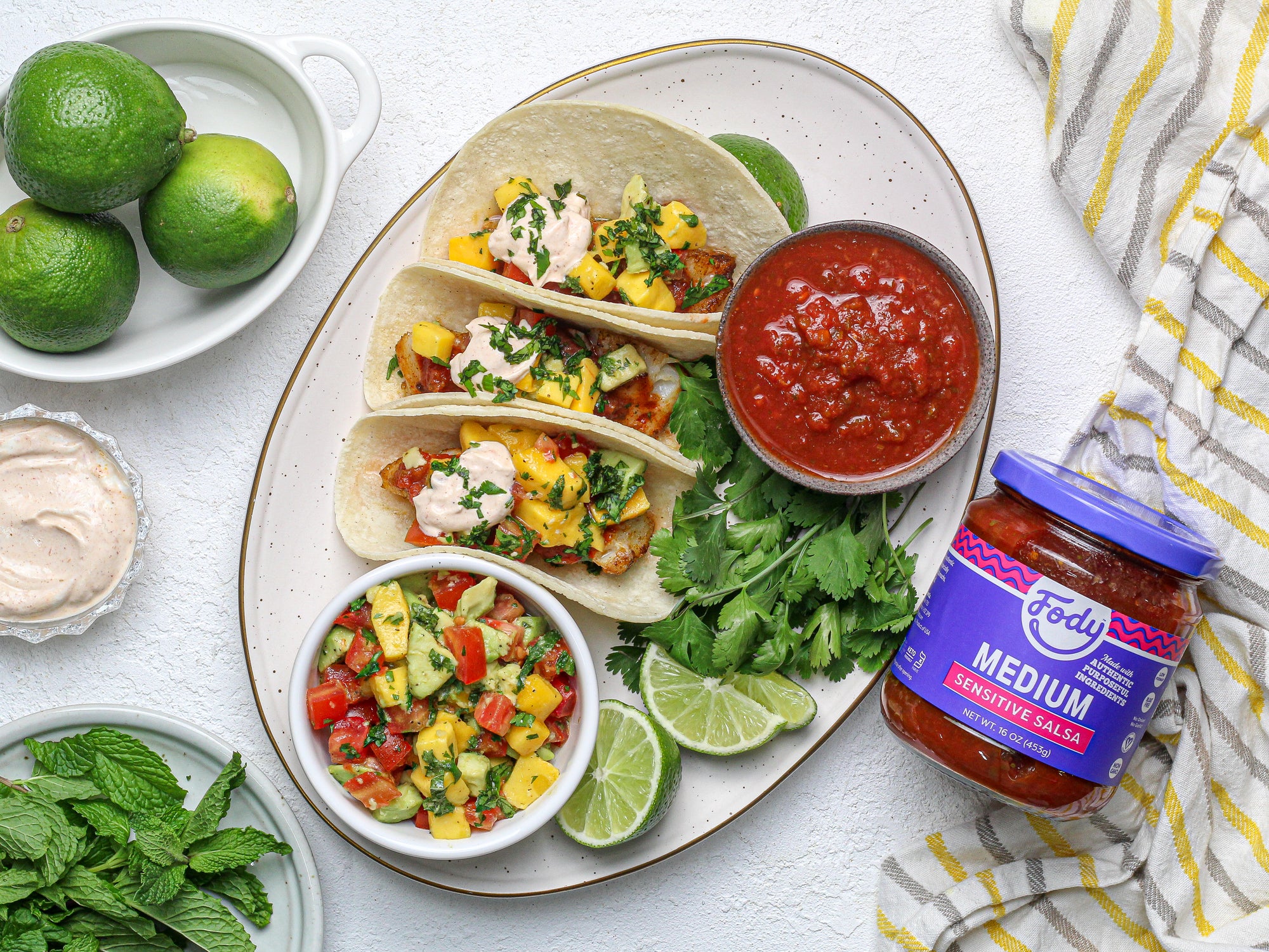 Fody’s Low FODMAP Fish Tacos with Avocado Mango Salsa