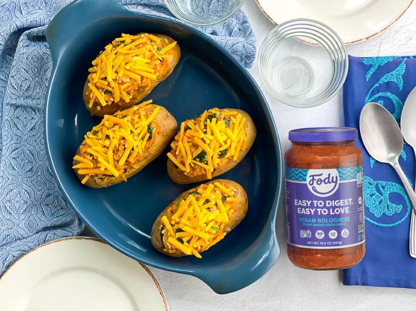 Fody vegan stuffed potatoes with vegan bolognese sauce