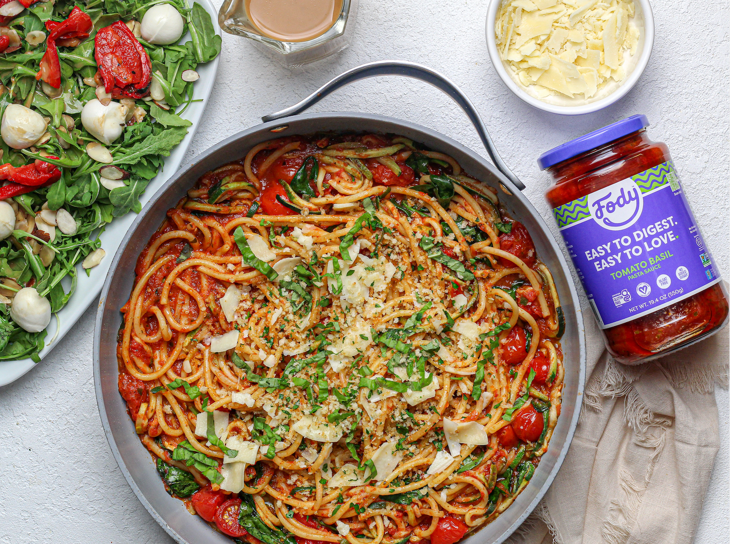 Fody’s Tomato Basil Zoodle Spaghetti & Arugula Roasted Pepper Salad with Balsamic Dressing