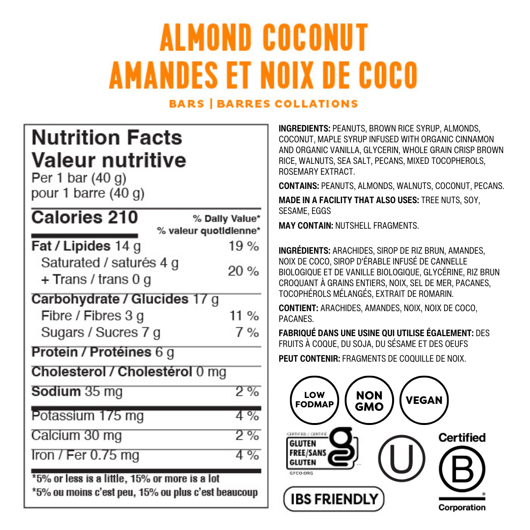 Barres-collations amandes et noix de coco - Boîte de 12 - Sans lactose ni gluten!