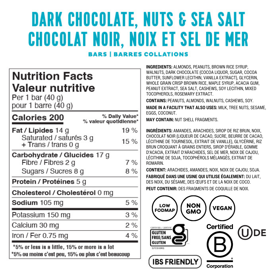 Barres-collations chocolat noir, noix et sel de mer - Boîte de 12