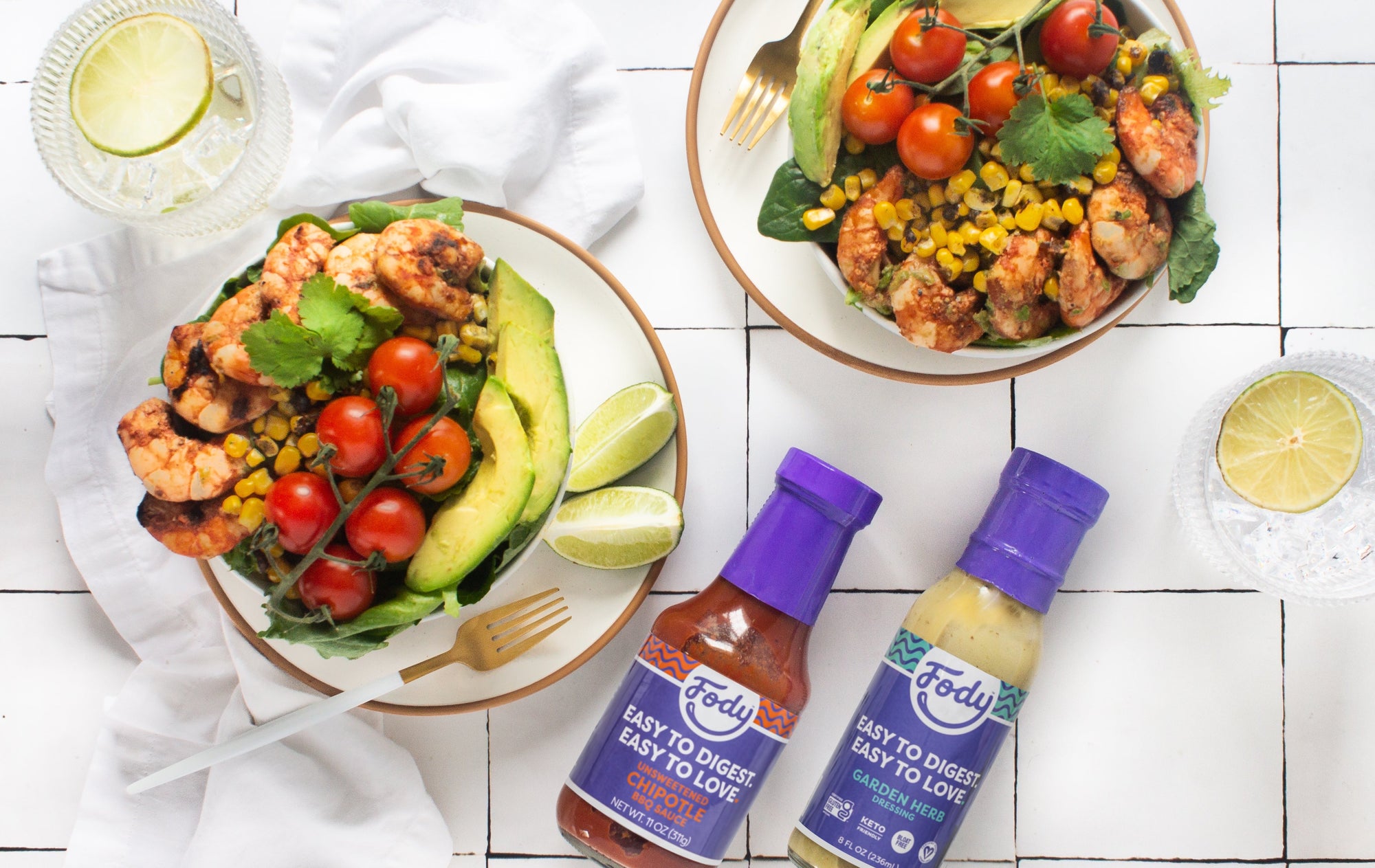 Fody's Chipotle Shrimp Salad with Garden Herb Dressing and a bottle of chipotle bbq sauce