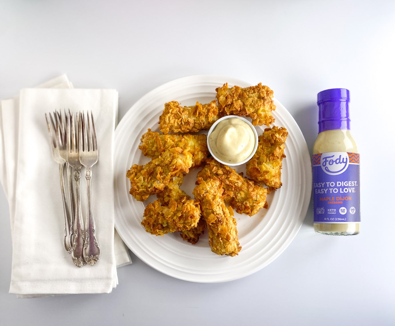 Fody's crunchy air fryer fish sticks with Low FODMAP maple dijon dip and 3 forks