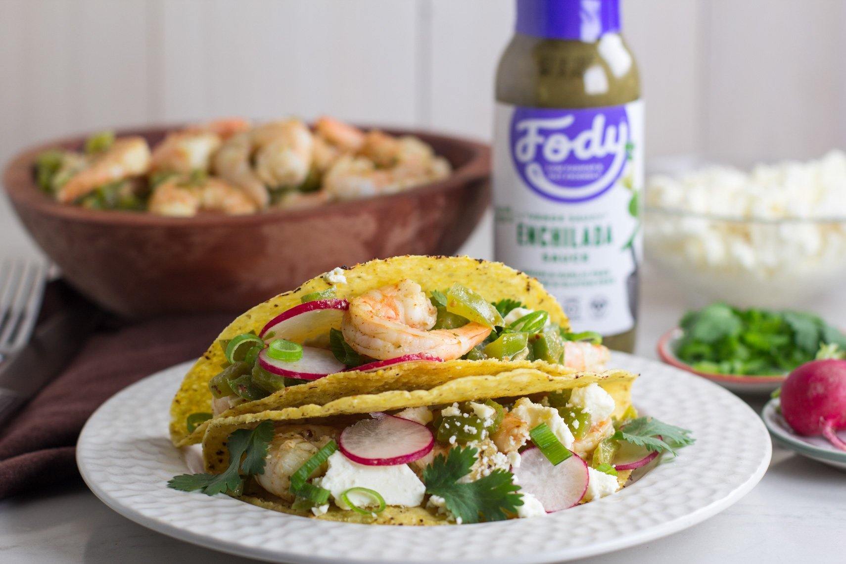 Low FODMAP Shrimp Tacos with Green Enchilada Sauce