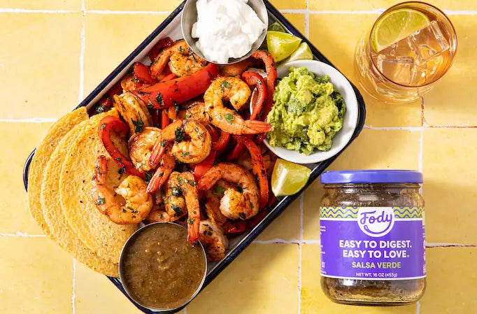 Fody's Sheet Pan Low FODMAP Shrimp Fajitas with Salsa Verde