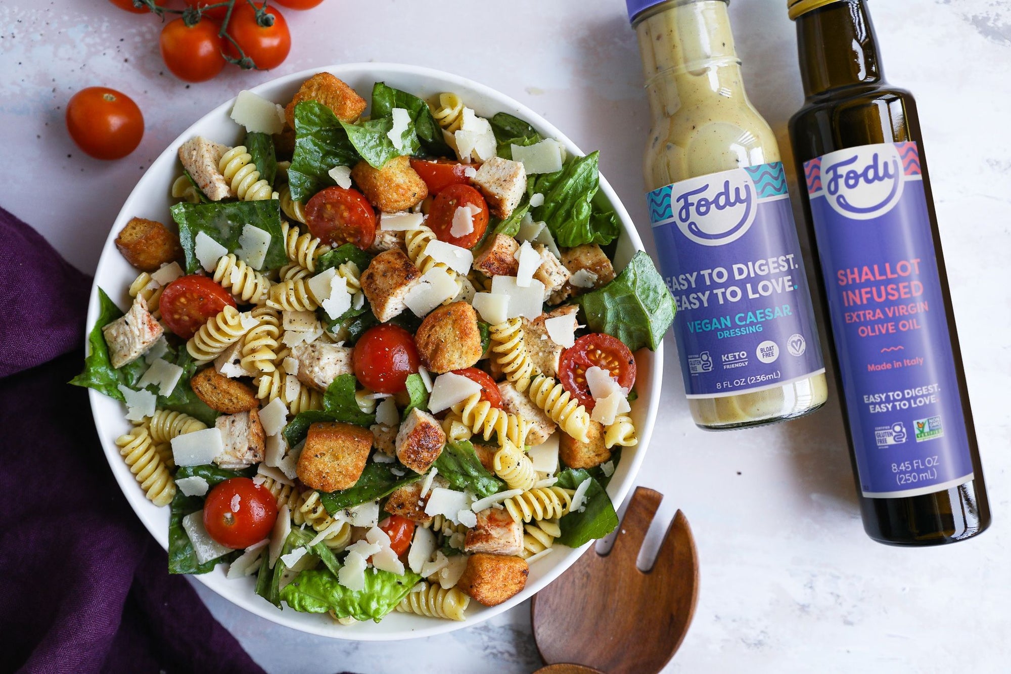 Chicken Caesar Pasta Salad with Fody Shallot-Infused Olive Oil and Fody Caesar Dressing