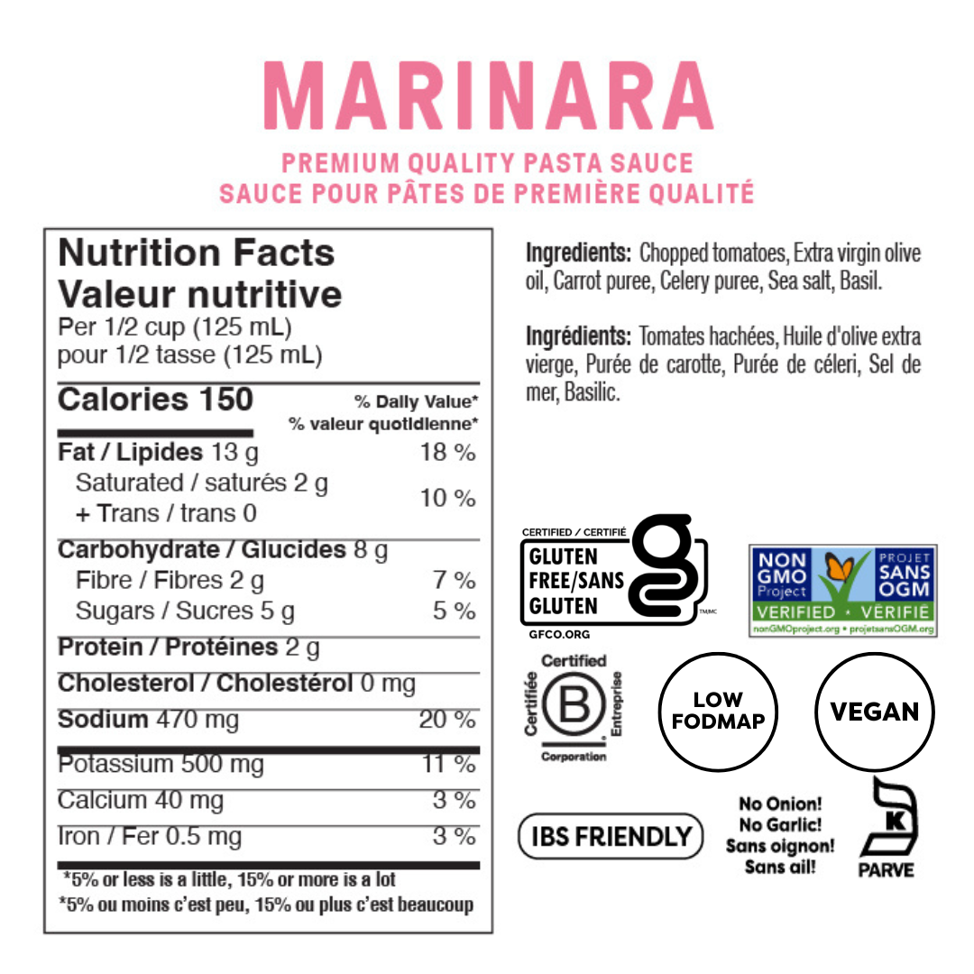 Ingredients in pasta sauce from Fody Marinara: chopped tomatoes, extra virgin olive oil, carrot puree, celery puree, sea salt and basil