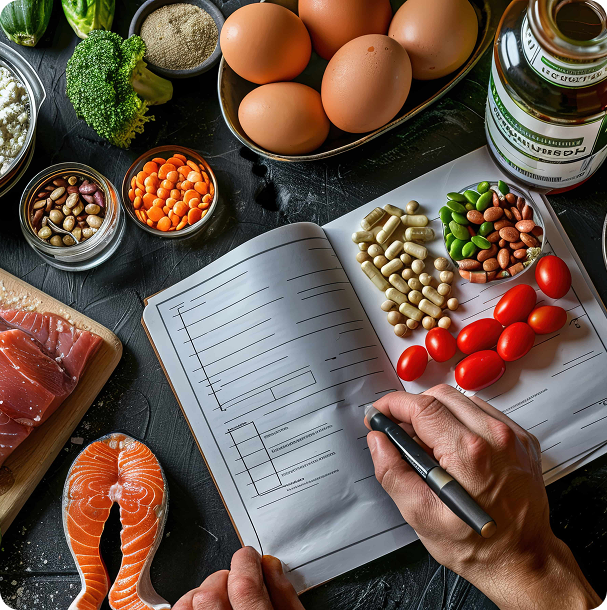 Open notebook and pen ringed by raw salmon, eggs, tomatoes, avocado, nuts, and leafy greens, ready for planning the week of meals ahead