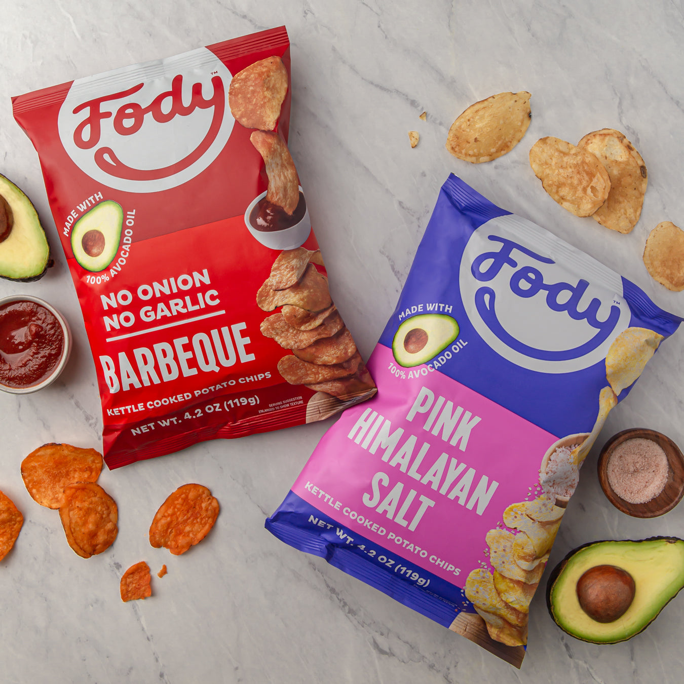 fody bbq kettle chips and pink himalayan salt kettle chips with avocado and bbq sauce