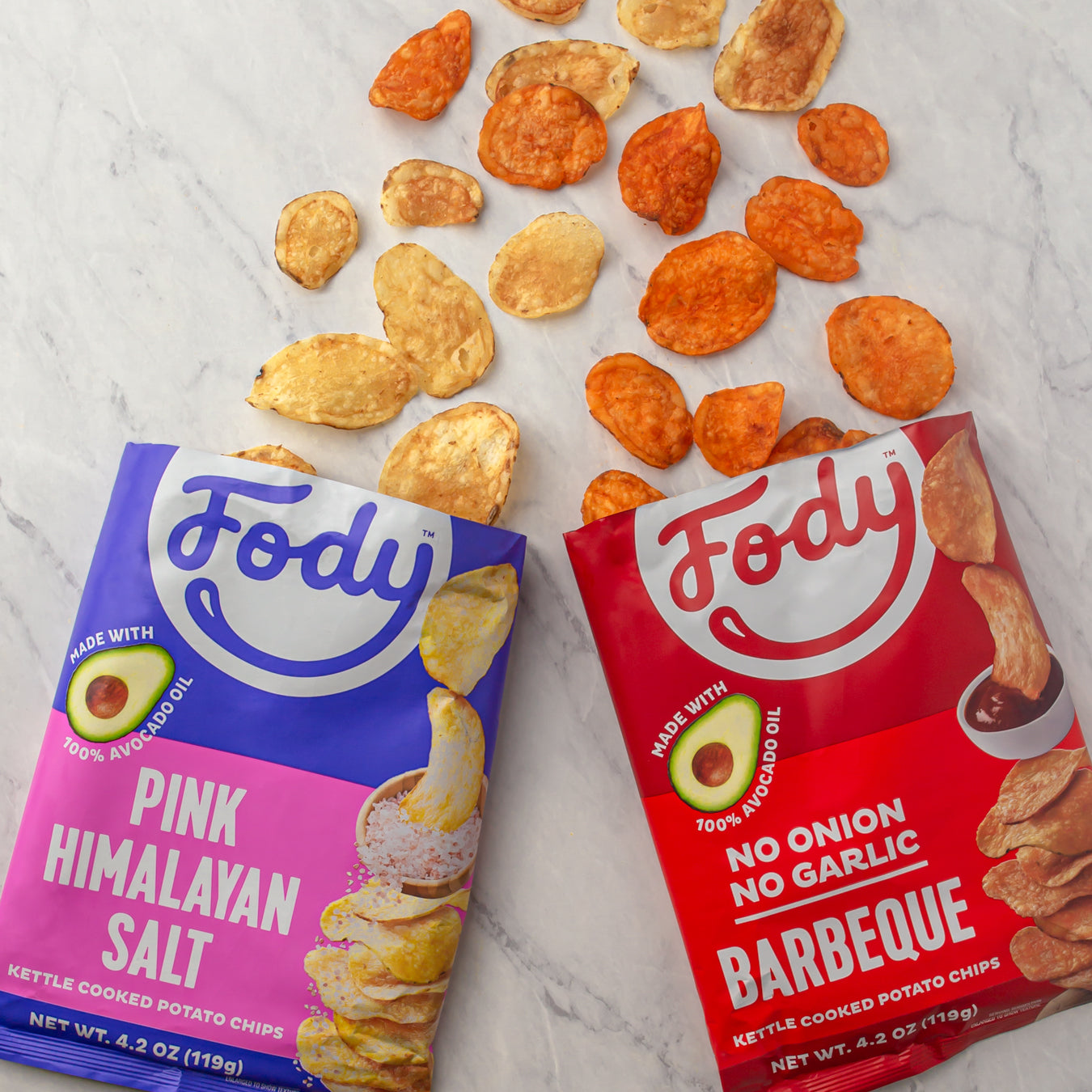 Fody BBQ chips and Fody Pink Himalayan Salt chips